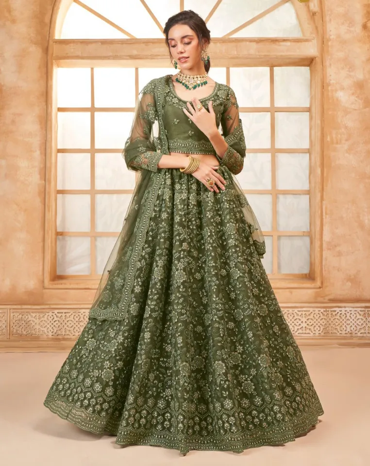Green Net Full Embroidered Wedding Wear Lehenga