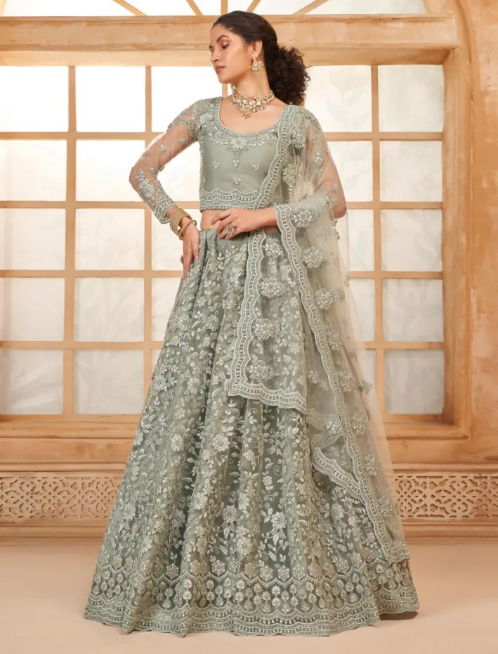 Grey Net Full Embroidered Wedding Wear Lehenga