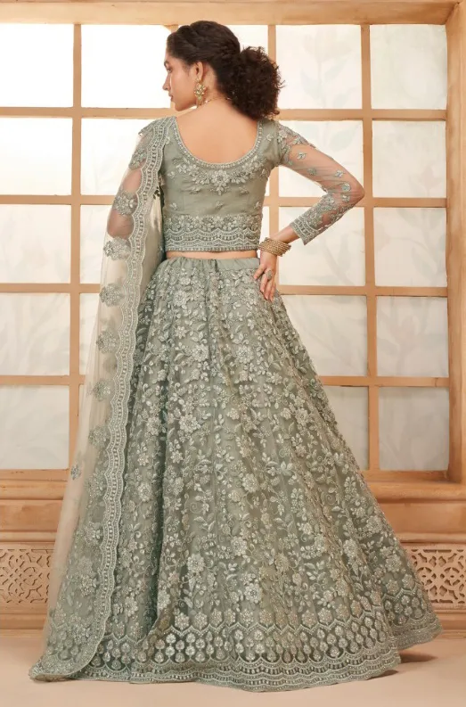 Grey Net Full Embroidered Wedding Wear Lehenga - Image 2