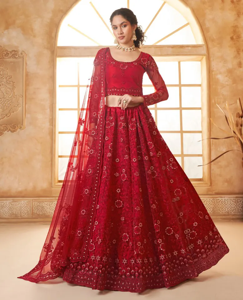 Red Net Full Embroidered Wedding Wear Lehenga