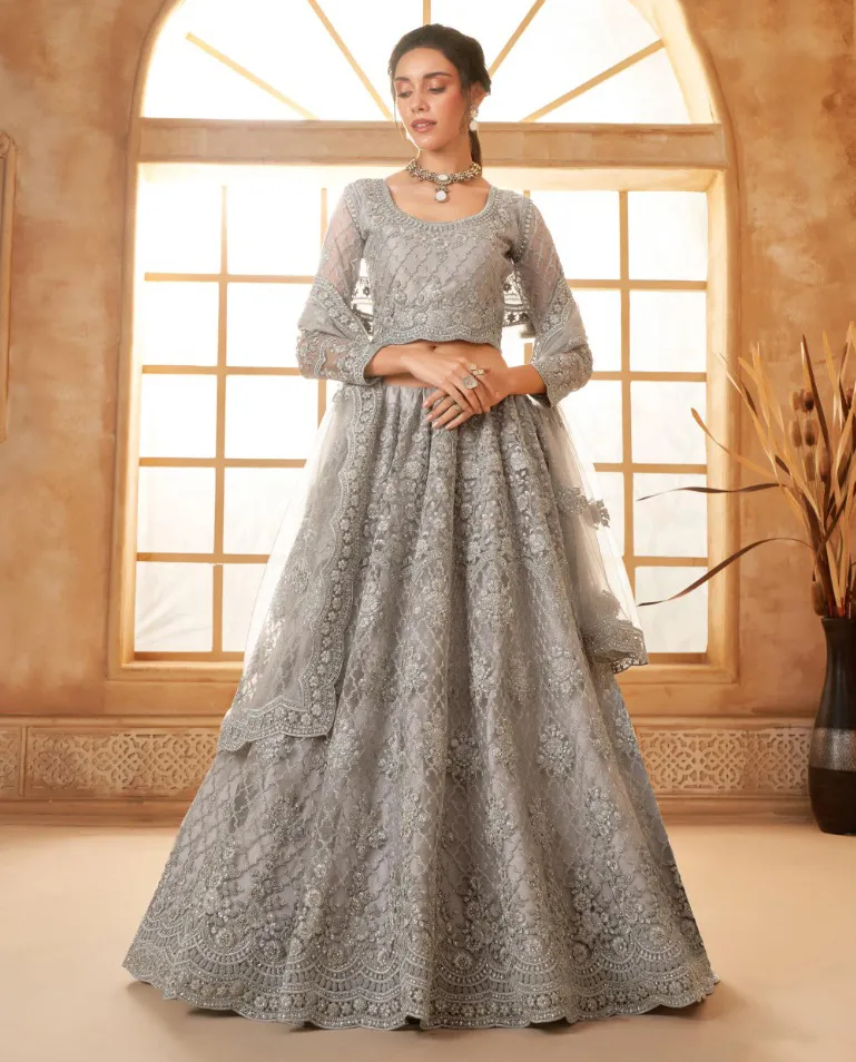 Silver Grey Net Full Embroidered Wedding Wear Lehenga