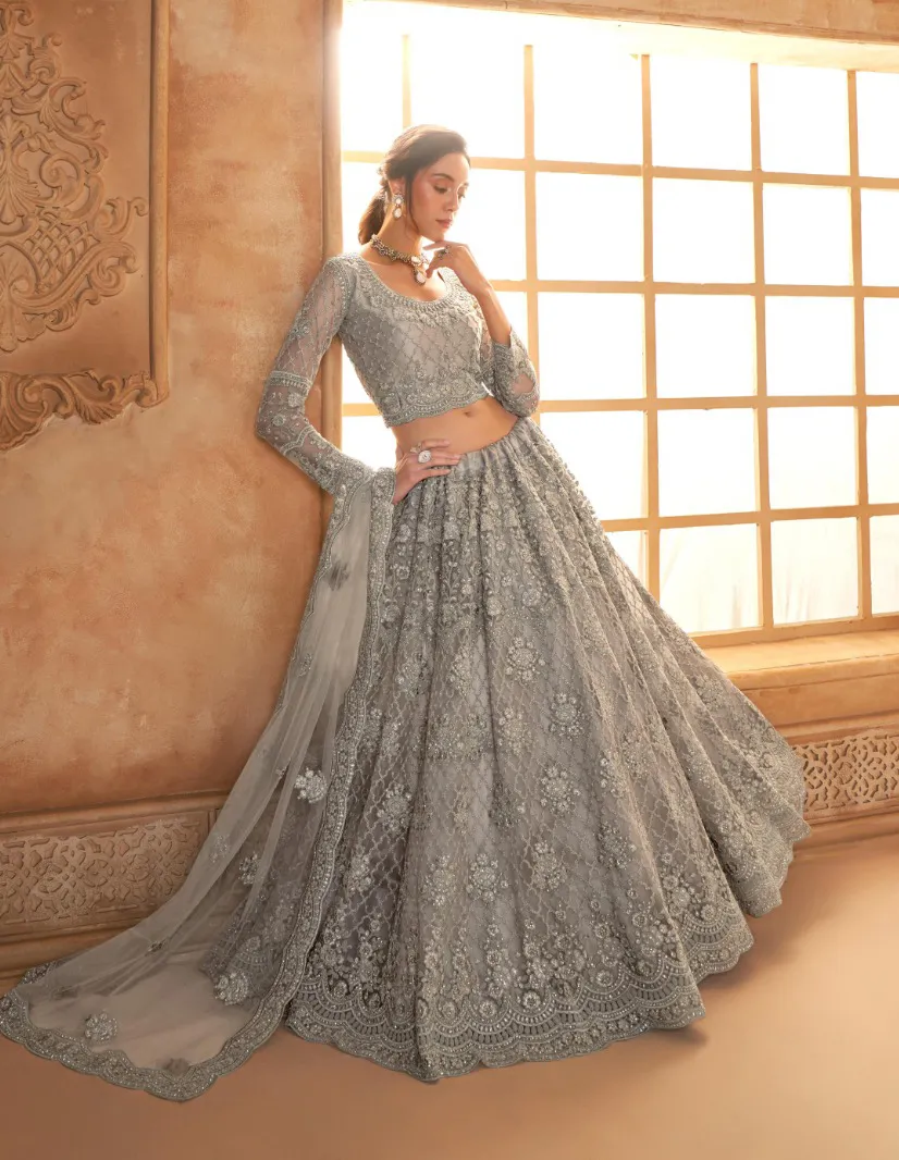 Silver Grey Net Full Embroidered Wedding Wear Lehenga - Image 2