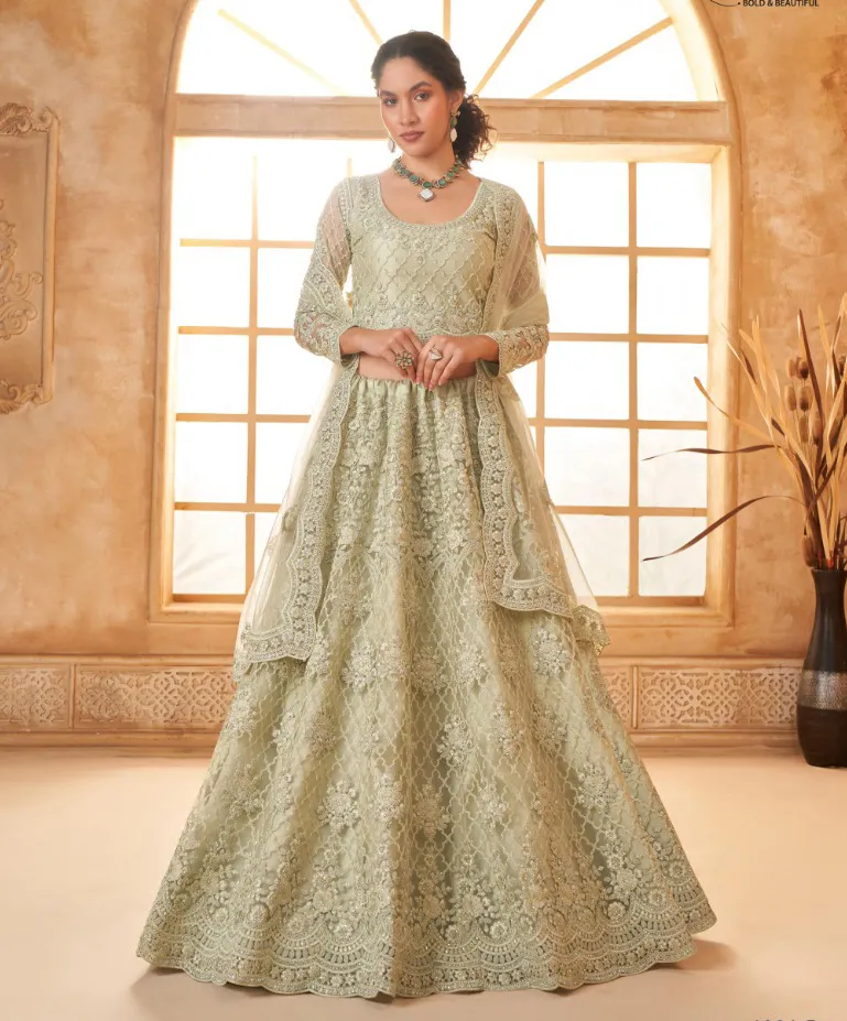 Mint Green Net Full Embroidered Wedding Wear Lehenga