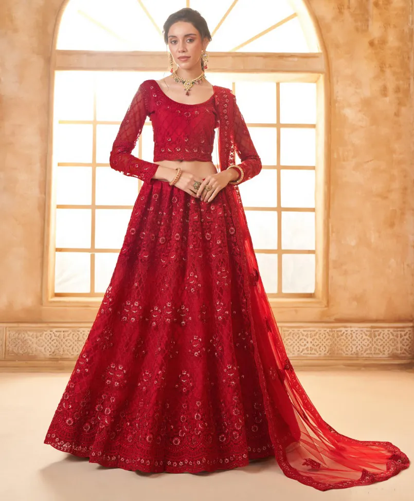 Bright Red Net Full Embroidered Wedding Wear Lehenga