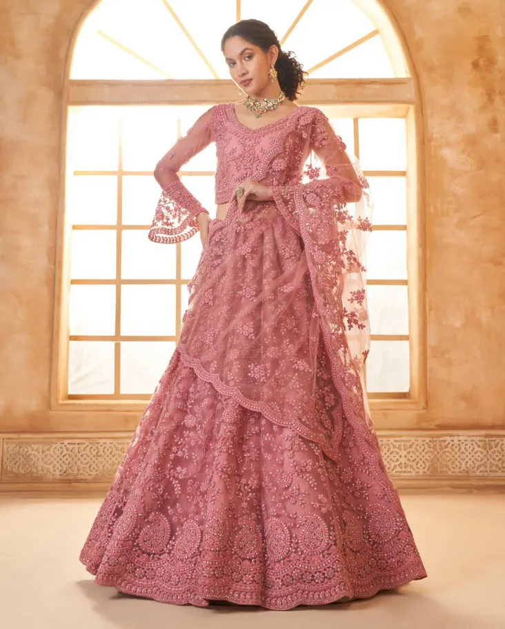 Pink Net Full Embroidered Wedding Wear Lehenga