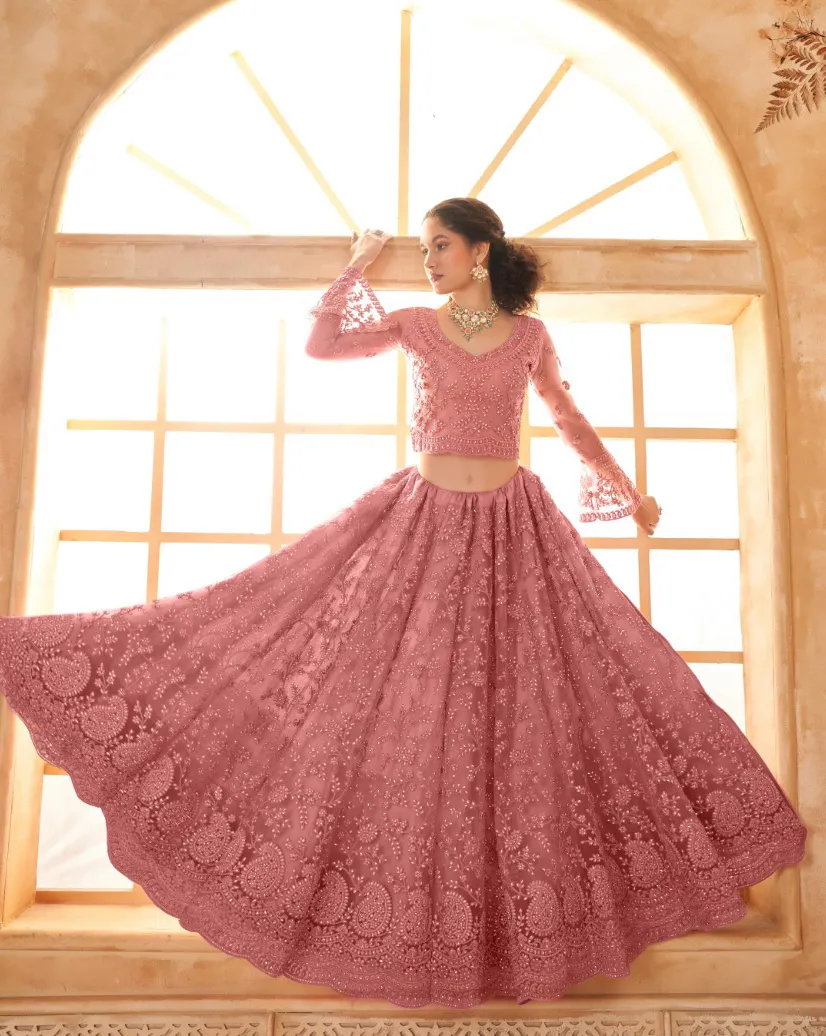 Pink Net Full Embroidered Wedding Wear Lehenga - Image 2
