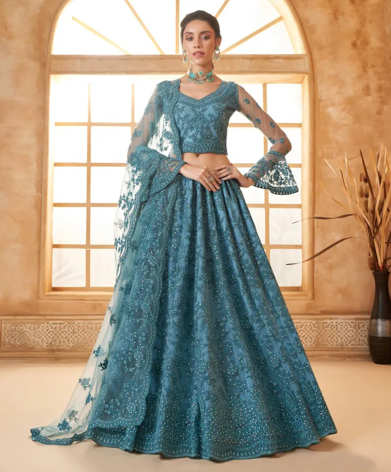 Light Blue Net Full Embroidered Wedding Wear Lehenga