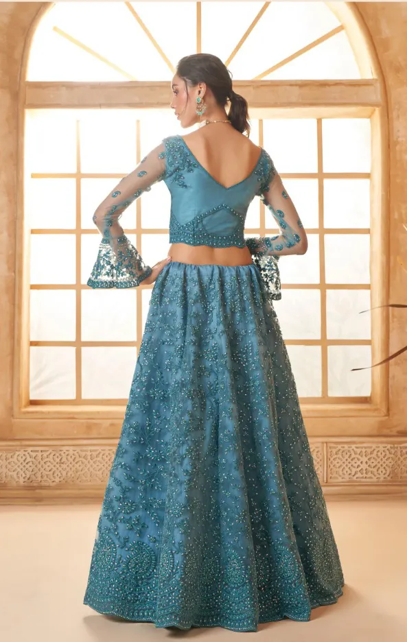 Light Blue Net Full Embroidered Wedding Wear Lehenga - Image 2