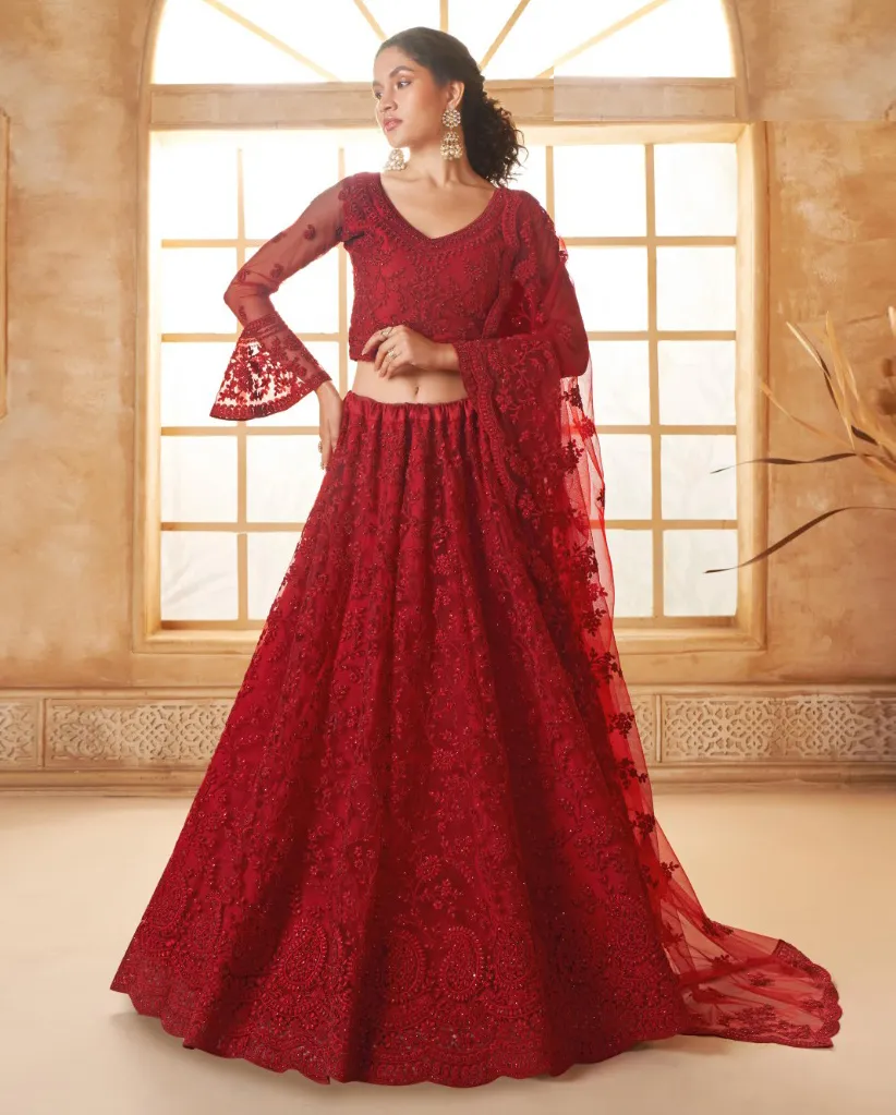 Cherry Red Net Full Embroidered Wedding Wear Lehenga