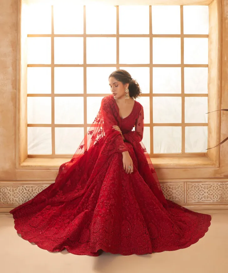 Cherry Red Net Full Embroidered Wedding Wear Lehenga - Image 2