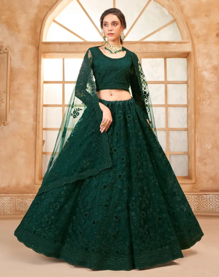 Bottle Green Net Full Embroidered Wedding Wear Lehenga