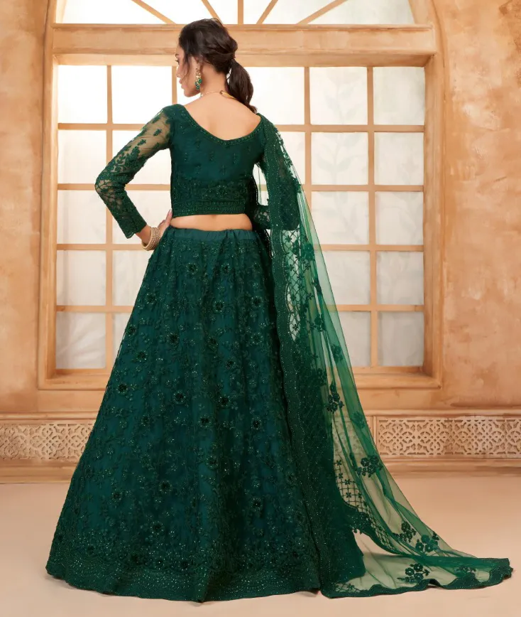 Bottle Green Net Full Embroidered Wedding Wear Lehenga - Image 2