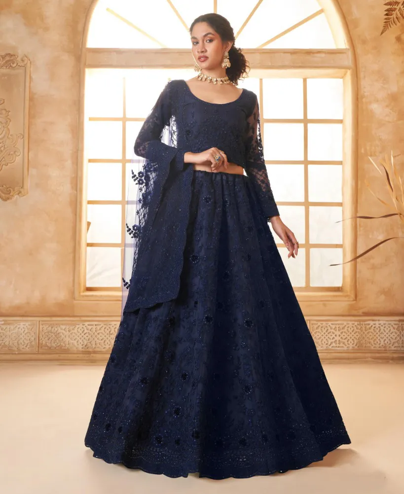 Navy Blue Net Full Embroidered Wedding Wear Lehenga