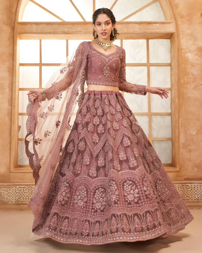 Mauve Net Full Embroidered Wedding Wear Lehenga