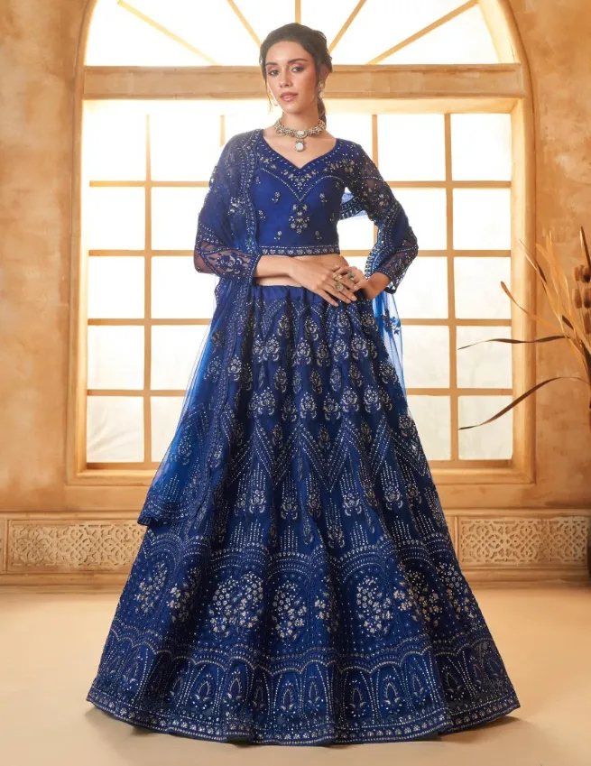 Royal Blue Net Full Embroidered Wedding Wear Lehenga