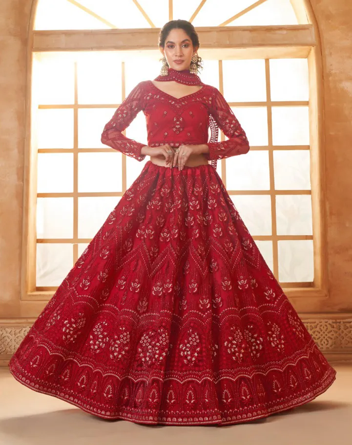Vibrant Red Net Full Embroidered Wedding Wear Lehenga