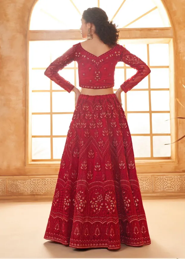 Vibrant Red Net Full Embroidered Wedding Wear Lehenga - Image 2