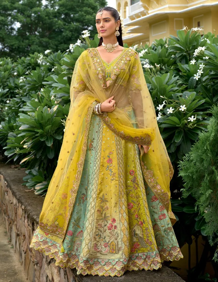 Yellow Fancy Silk Sequins Designer Work Lehenga