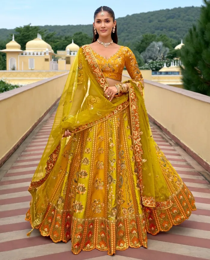 Mustard Yellow Fancy Silk Sequins Designer Work Lehenga