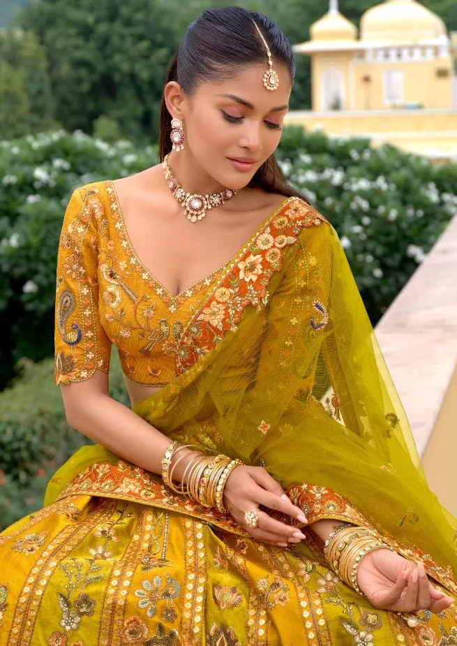 Mustard Yellow Fancy Silk Sequins Designer Work Lehenga - Image 2