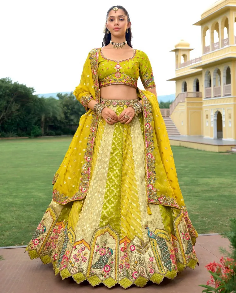 Green And Yellow Fancy Silk Sequins Designer Work Lehenga