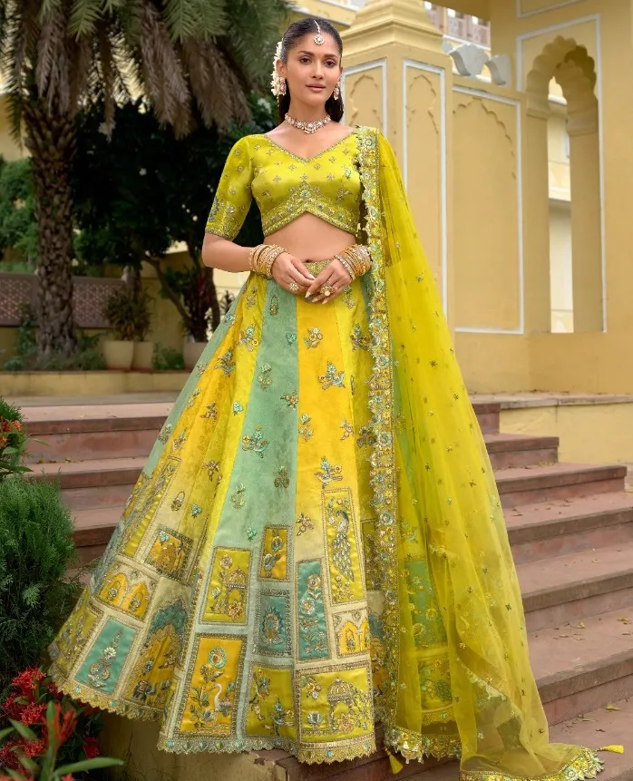 Blue And Yellow Fancy Silk Sequins Designer Work Lehenga