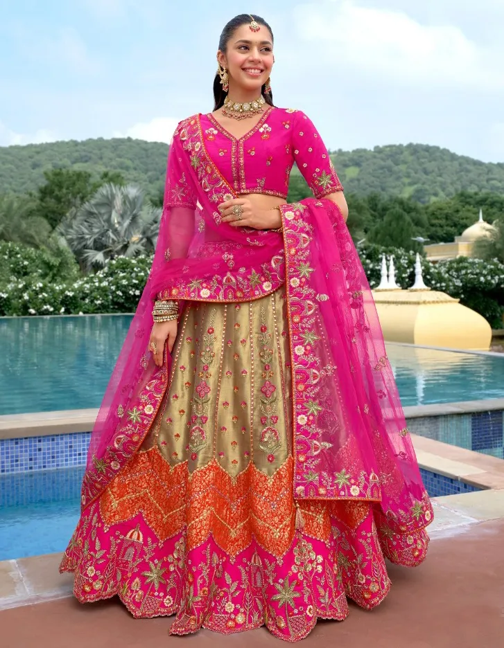 Beige And Pink Fancy Silk Sequins Designer Work Lehenga