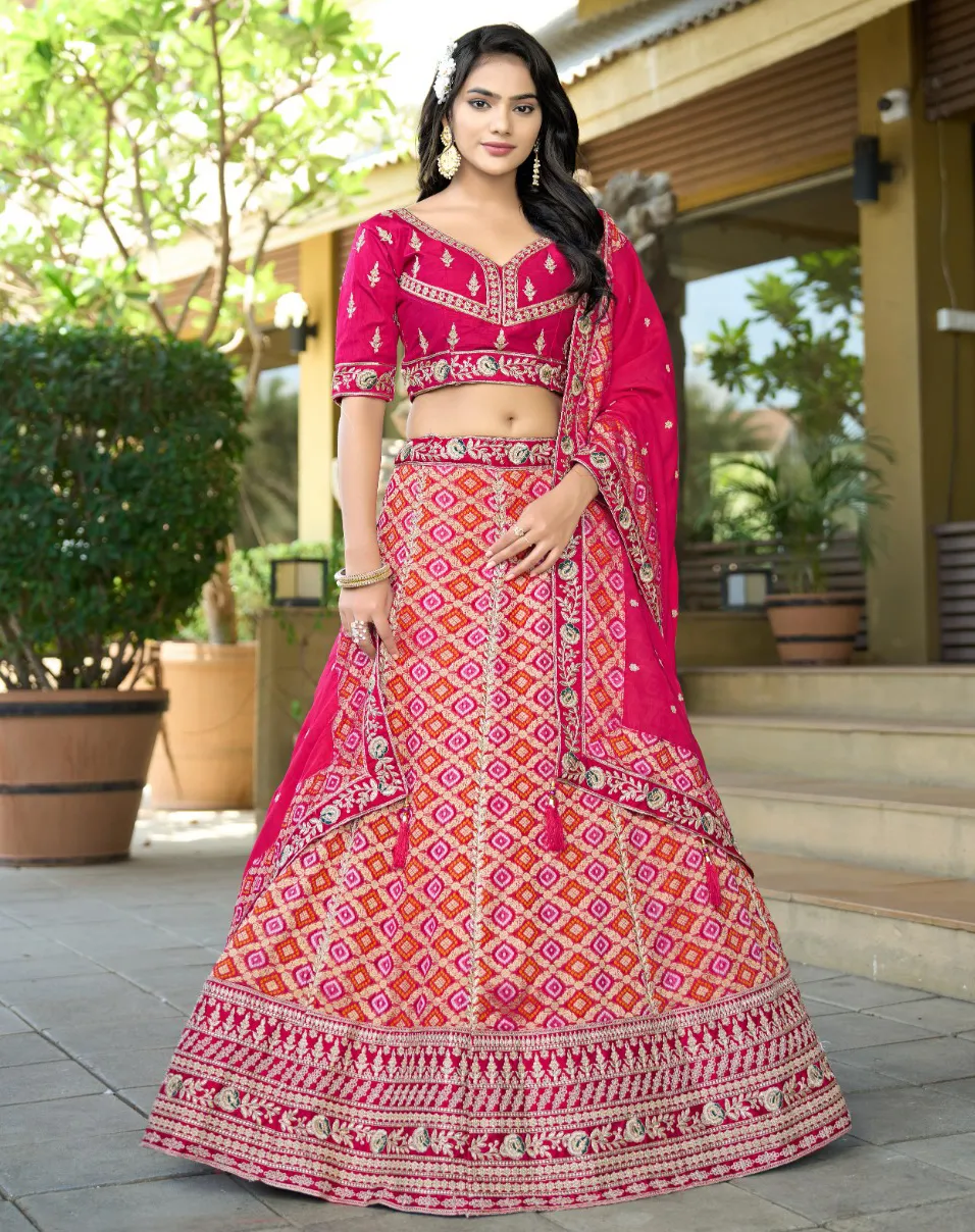 Pink Pure Viscose Jacquard Work Lehenga