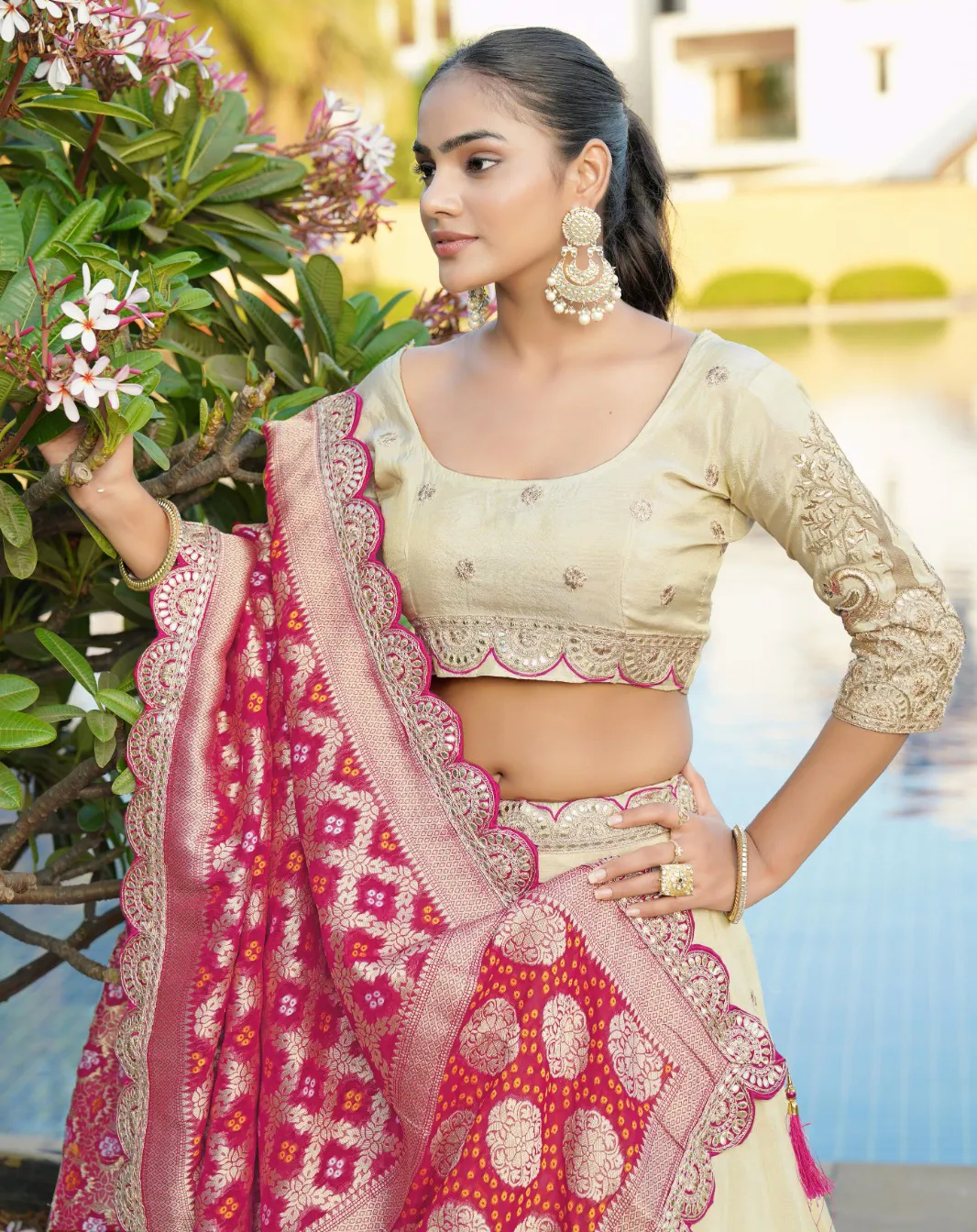 Cream Pure Cosmos Viscose Embroidered Lehenga - Image 3