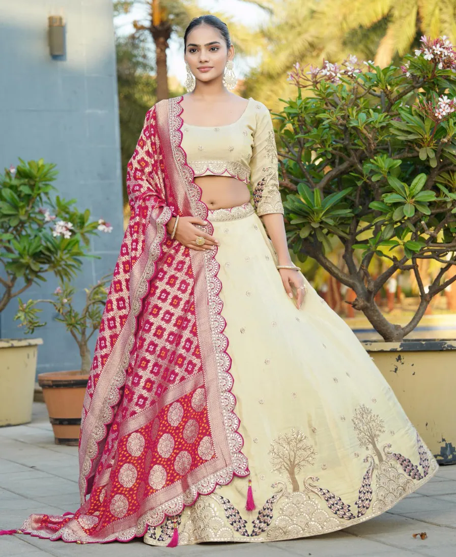 Cream Pure Cosmos Viscose Embroidered Lehenga