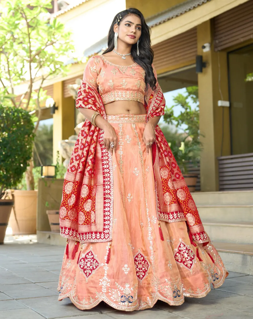 Peach Pure Cosmos Viscose Gota Patti Work Lehenga