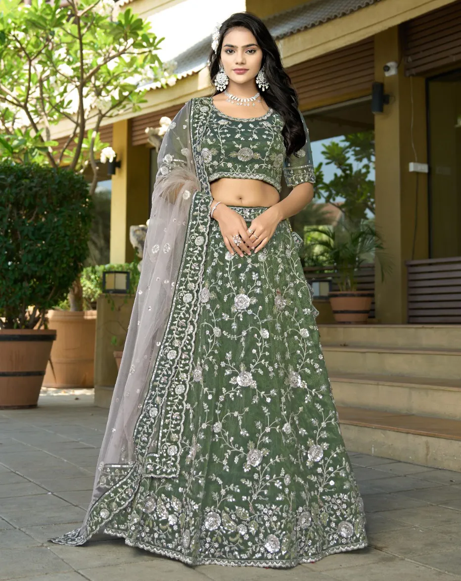 Olive Green Pure Cosmos Tissue Embroidered Lehenga