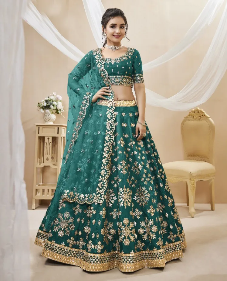 Green Art Silk Embroidered Bridesmaids Lehenga