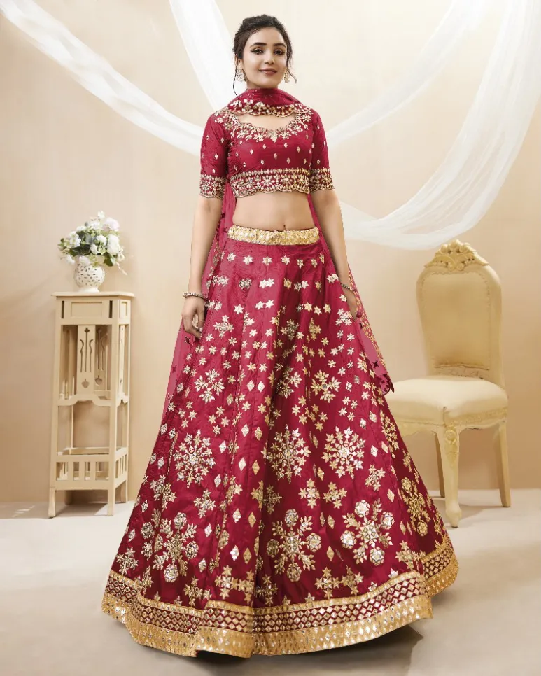 Maroon Art Silk Embroidered Bridesmaids Lehenga