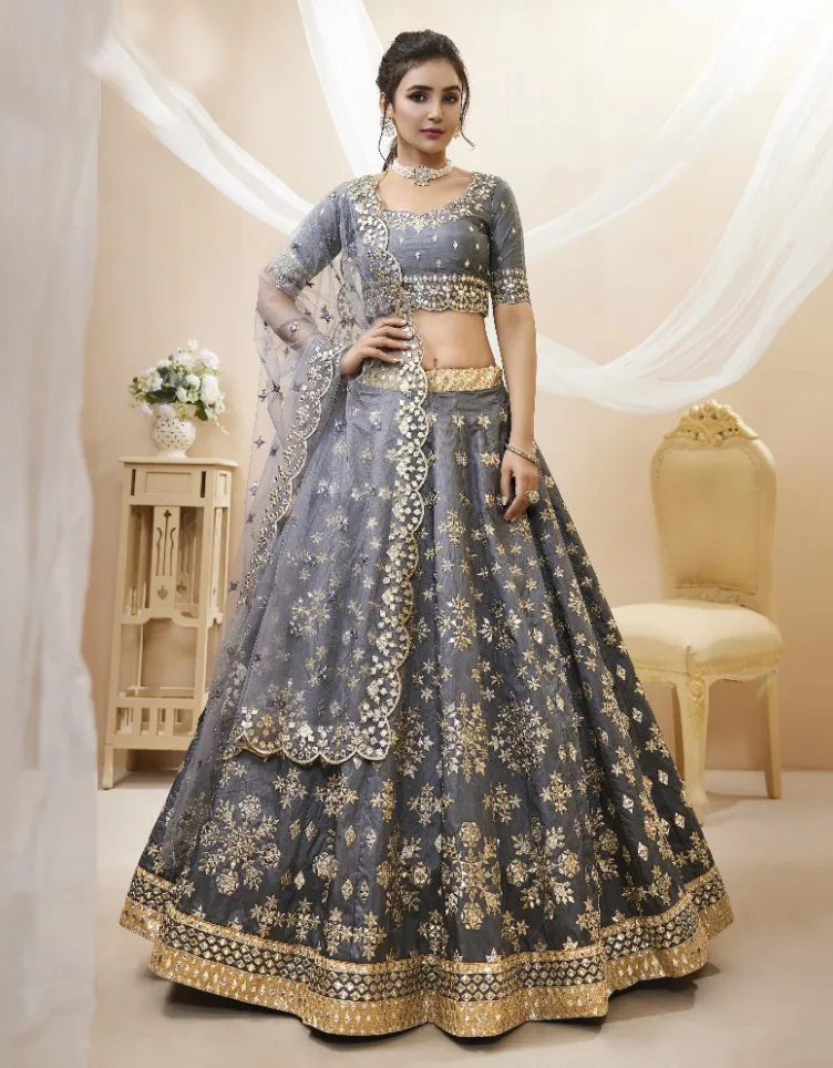Grey Art Silk Embroidered Bridesmaids Lehenga