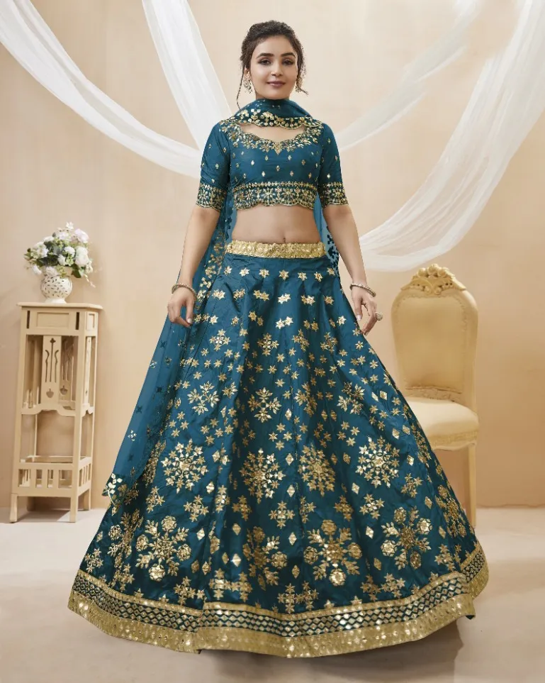 Teal Blue Art Silk Embroidered Bridesmaids Lehenga