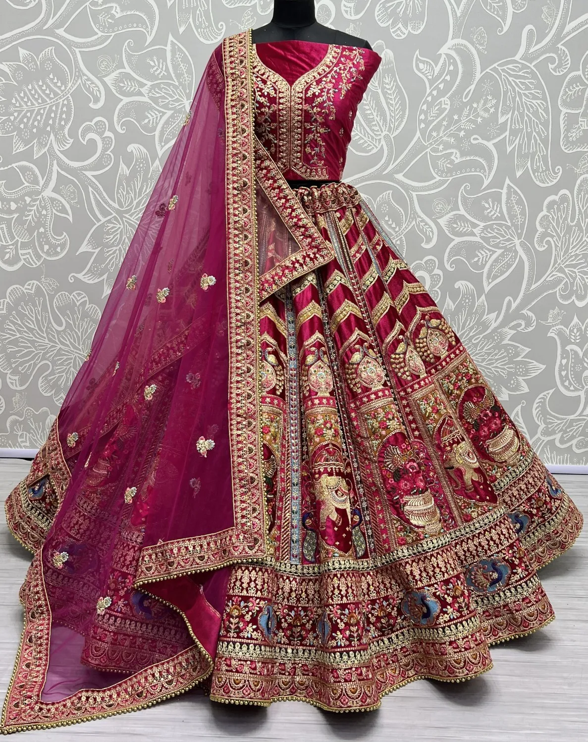 Maroon Velvet Diamond Work Bridal Lehenga