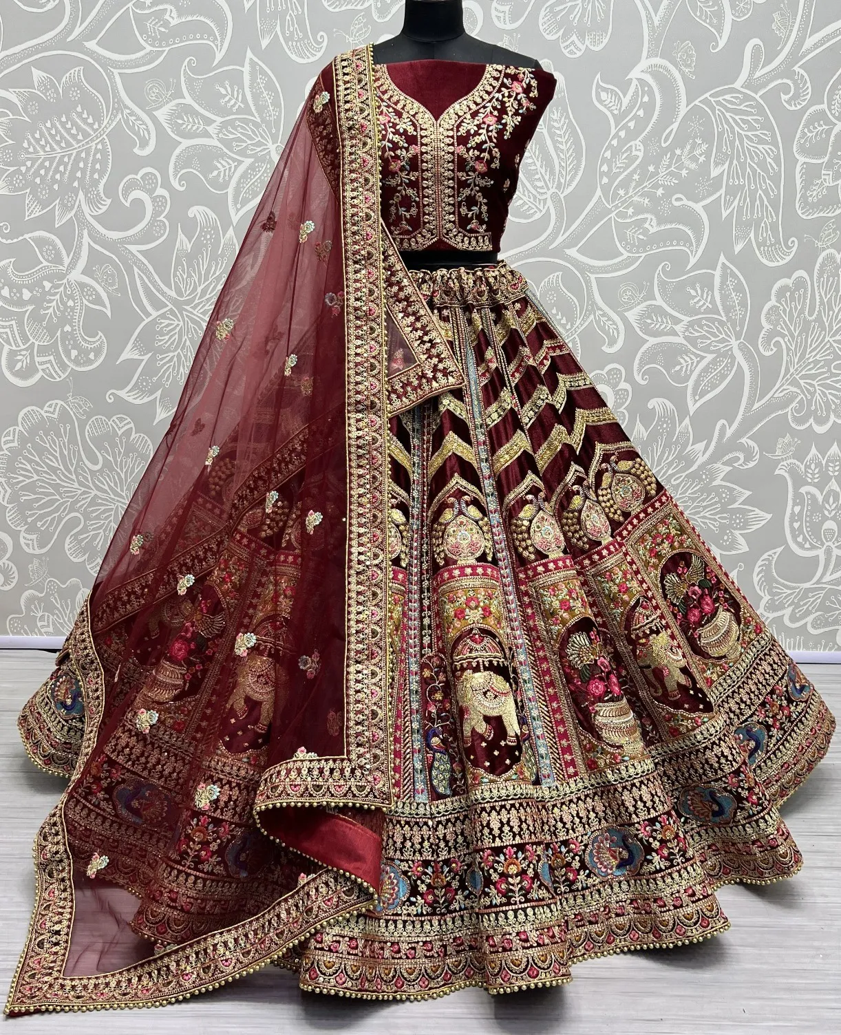 Brown Velvet Diamond Work Bridal Lehenga
