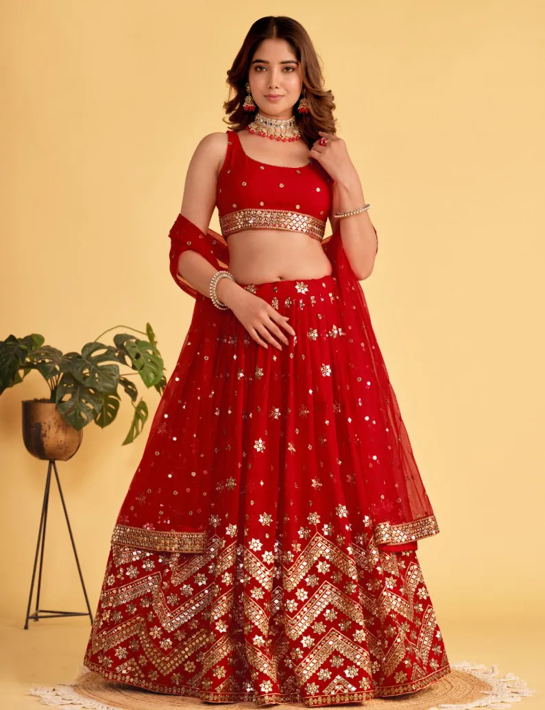 Cheery Red Georgette Embroidered Party Wear Lehenga