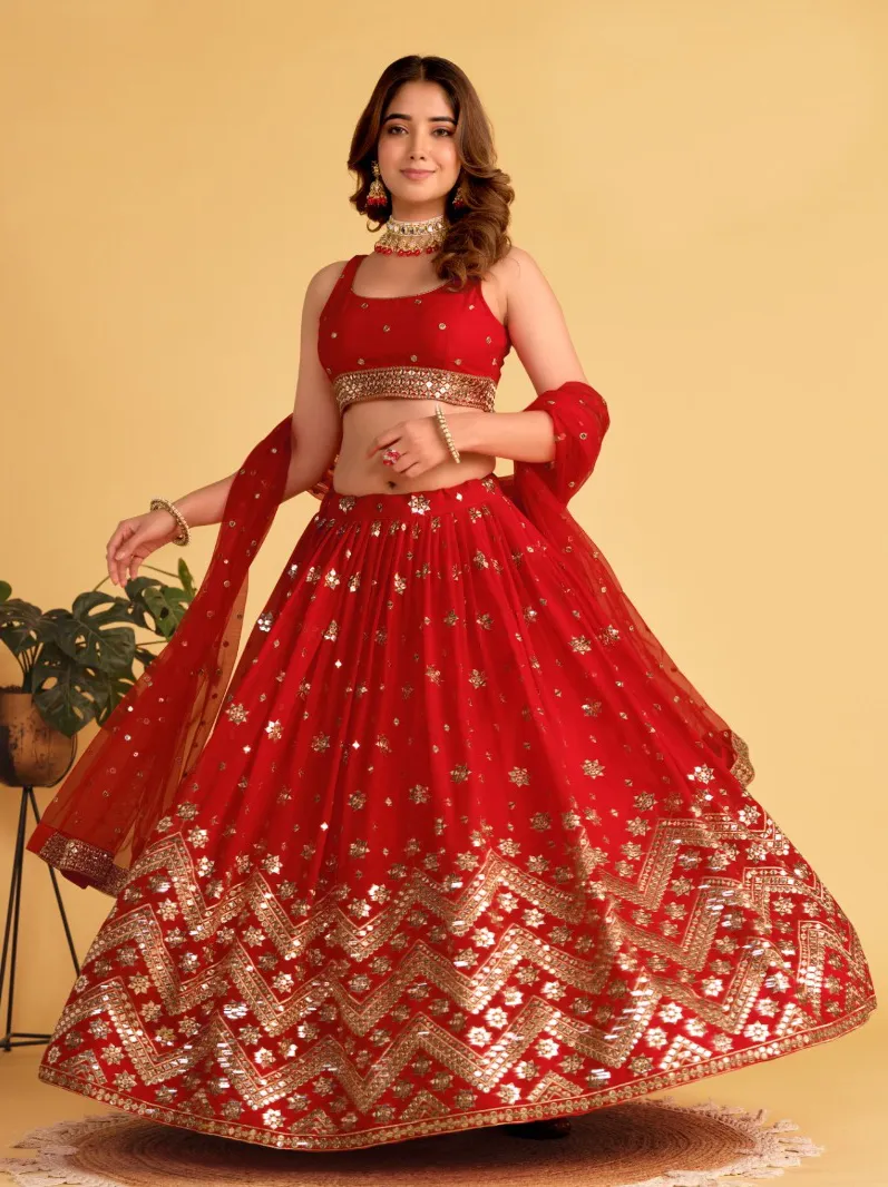 Cheery Red Georgette Embroidered Party Wear Lehenga - Image 2