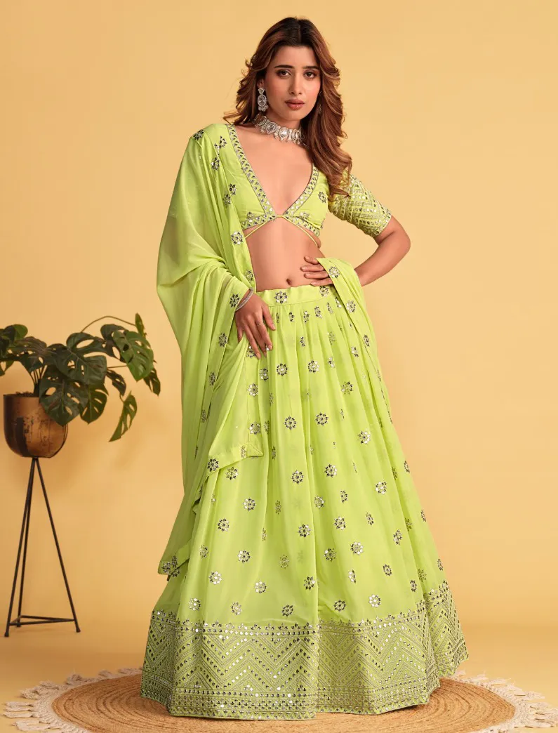 Mint Green Georgette Embroidered Party Wear Lehenga