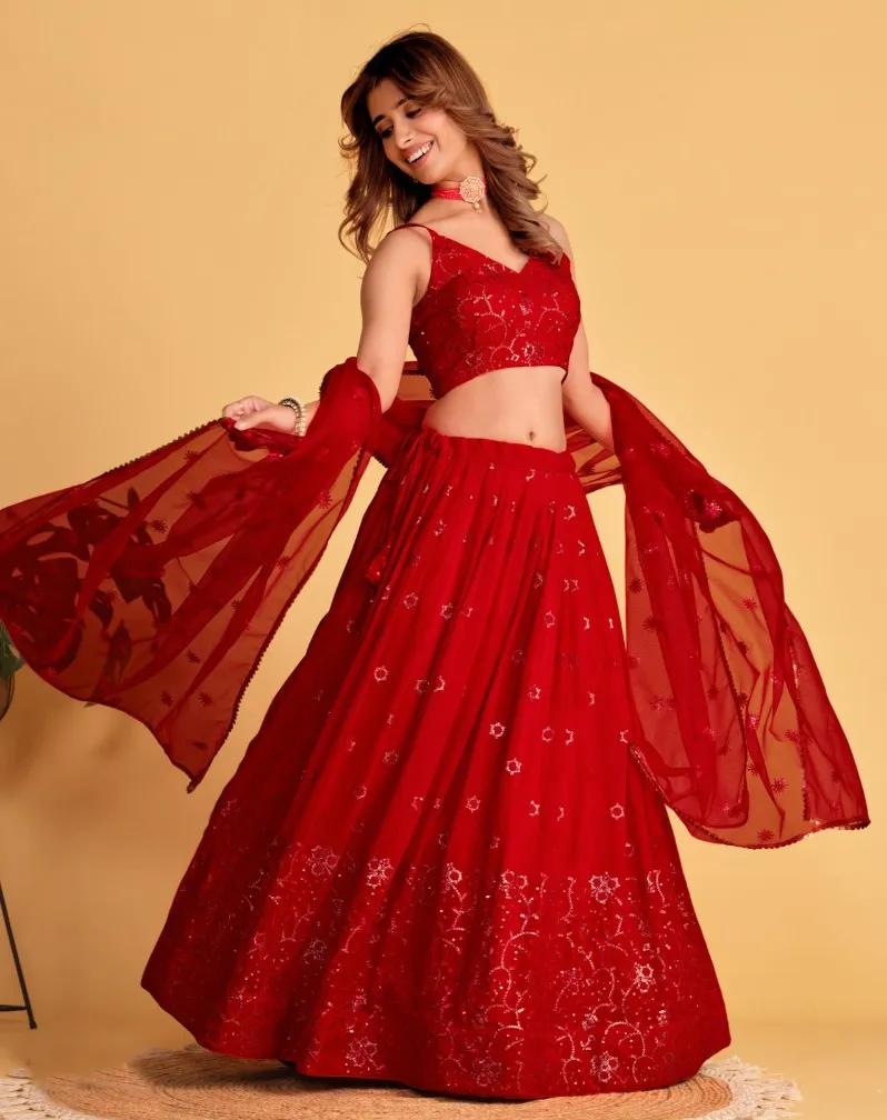 Bright Red Georgette Embroidered Party Wear Lehenga