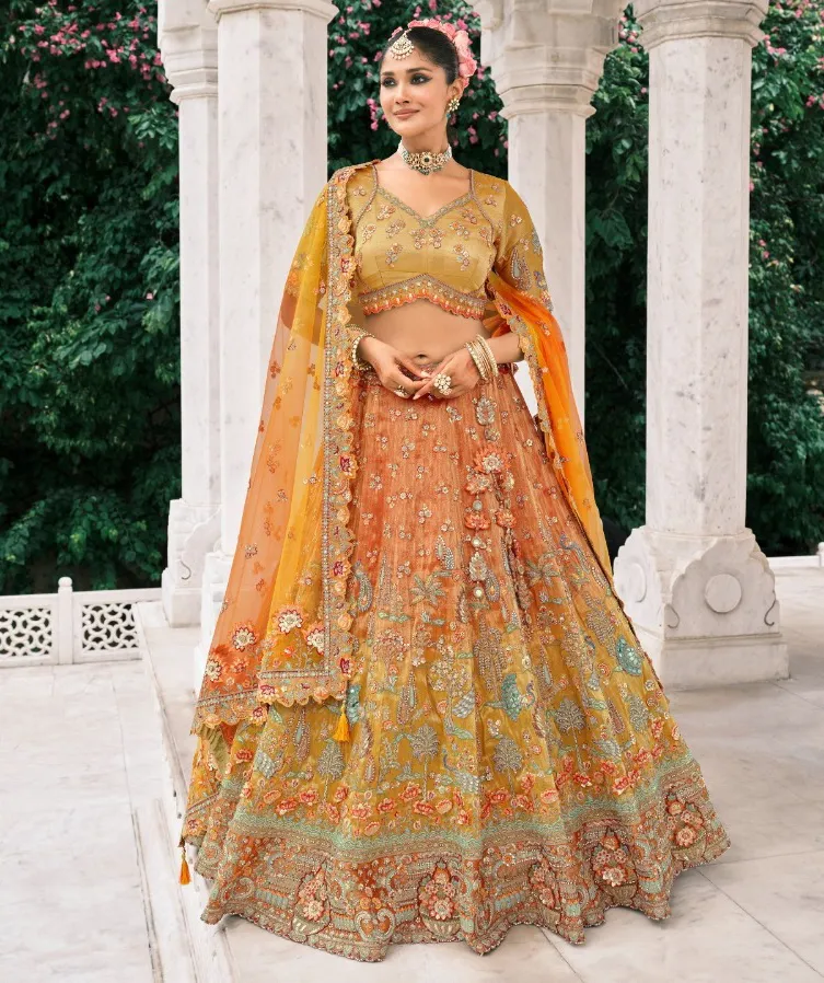 Orange And Yellow Fancy Silk Embroidered Designer Lehenga