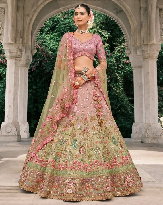 Pink And Green Fancy Silk Embroidered Designer Lehenga