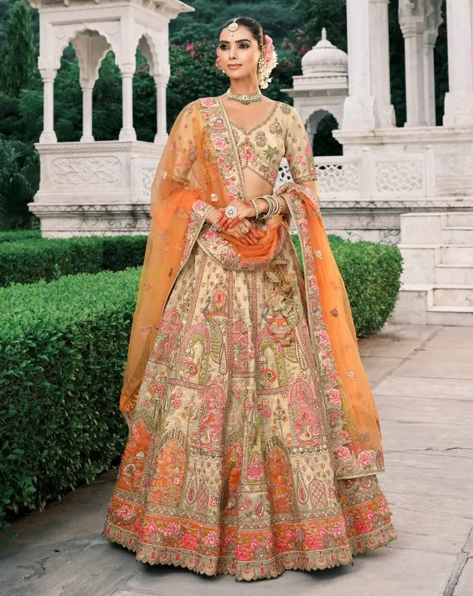 Cream Fancy Silk Embroidered Designer Lehenga