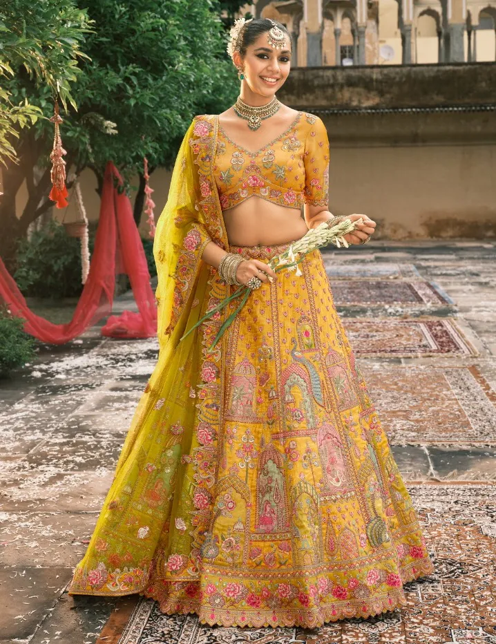Yellow Fancy Silk Embroidered Designer Lehenga