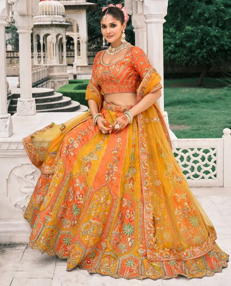 Yellow And Orange Fancy Silk Embroidered Designer Lehenga