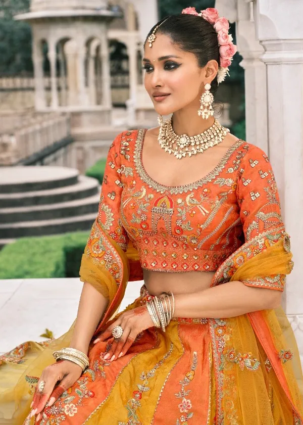 Yellow And Orange Fancy Silk Embroidered Designer Lehenga - Image 2