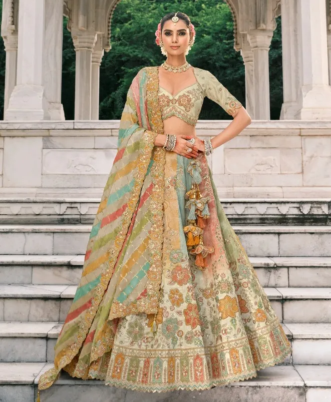 Mint Green Fancy Silk Embroidered Designer Lehenga