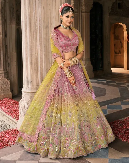 Yellow And Pink Fancy Silk Embroidered Designer Lehenga - Image 2